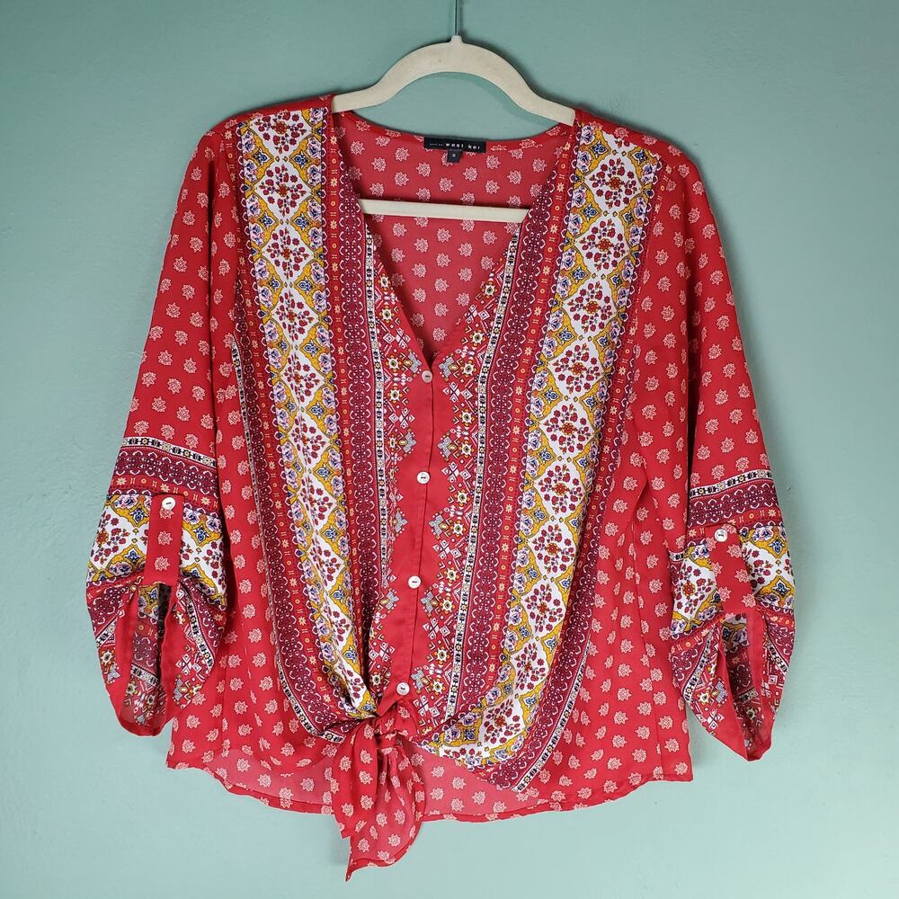 West Kei Orange Talina Tie Front Floral Boho Colorful Blouse Size Small